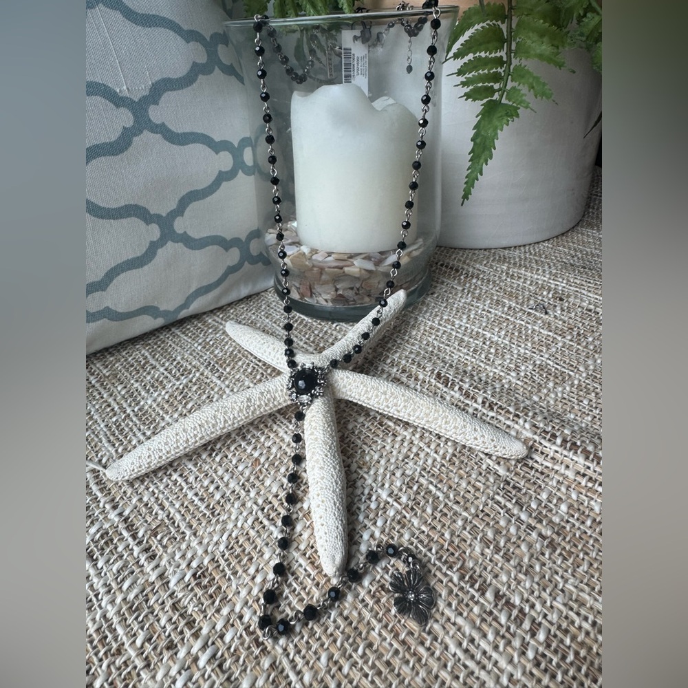 White House Black Market Long Y Necklace Black Crystals Silver Flower NWT